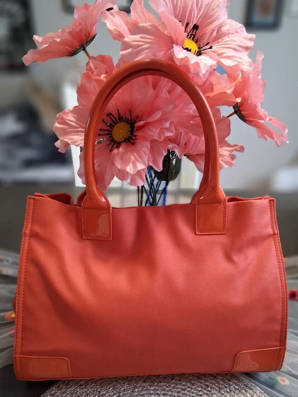 TORY BURCH ELLA CANVAS & PATENT TOTE PUMPKIN ORANGE